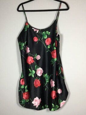 Black satin rose print camisole adjustable spaghetti straps witchy 1XL